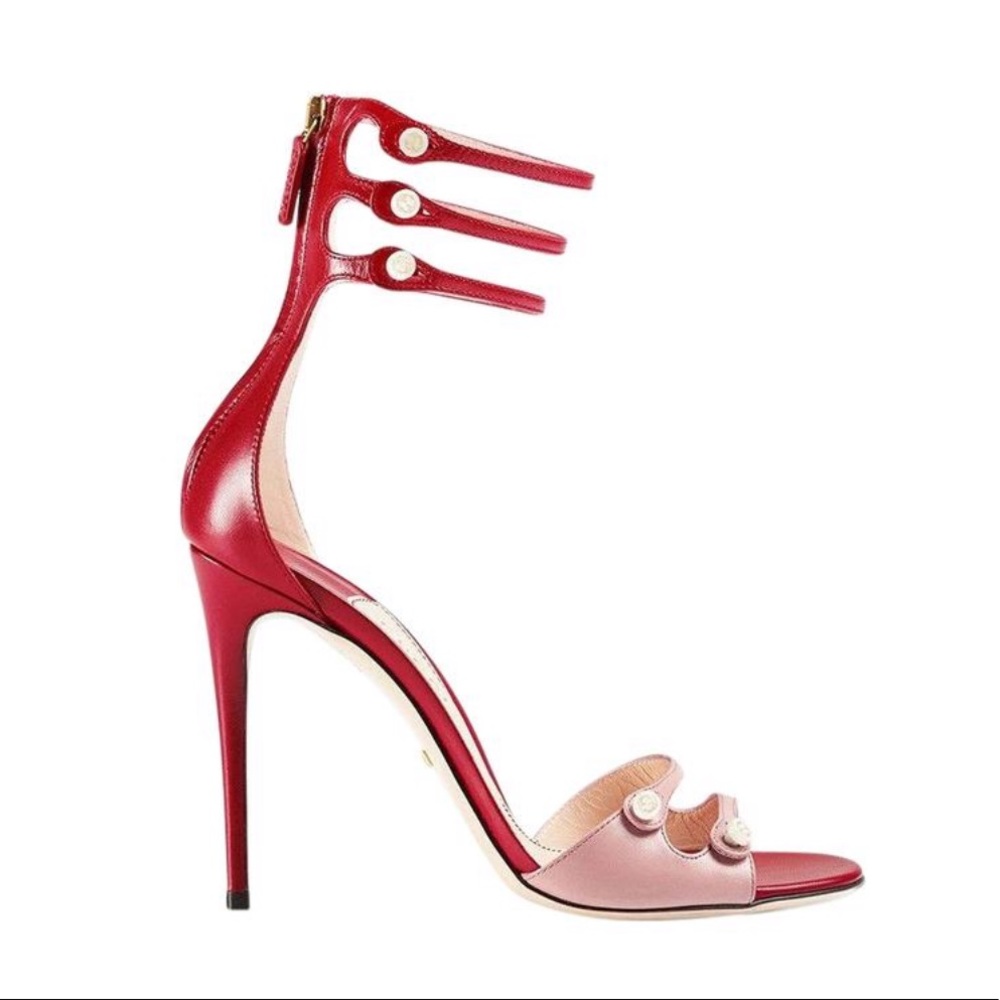 GUCCI Red and Pink Leather Aneta Cage Sandals with Faux Pearl Buttons